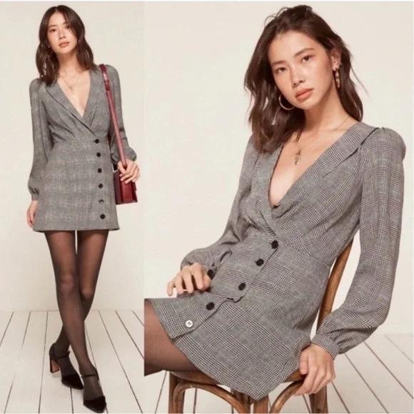 Reformation Woodbury Houndstooth Plaid Gray Button-Down Dress - Picture 2 of 5